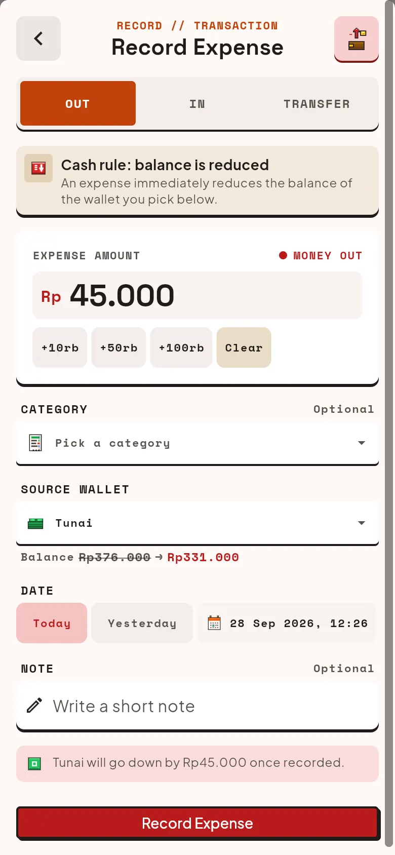 Record Expense form with Rp45,000 from the Cash wallet