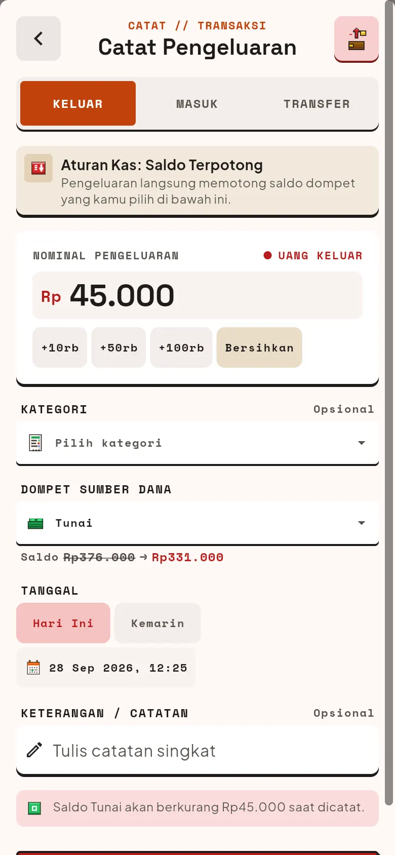 Formulir Catat Pengeluaran dengan nominal Rp45.000 dan dompet Tunai