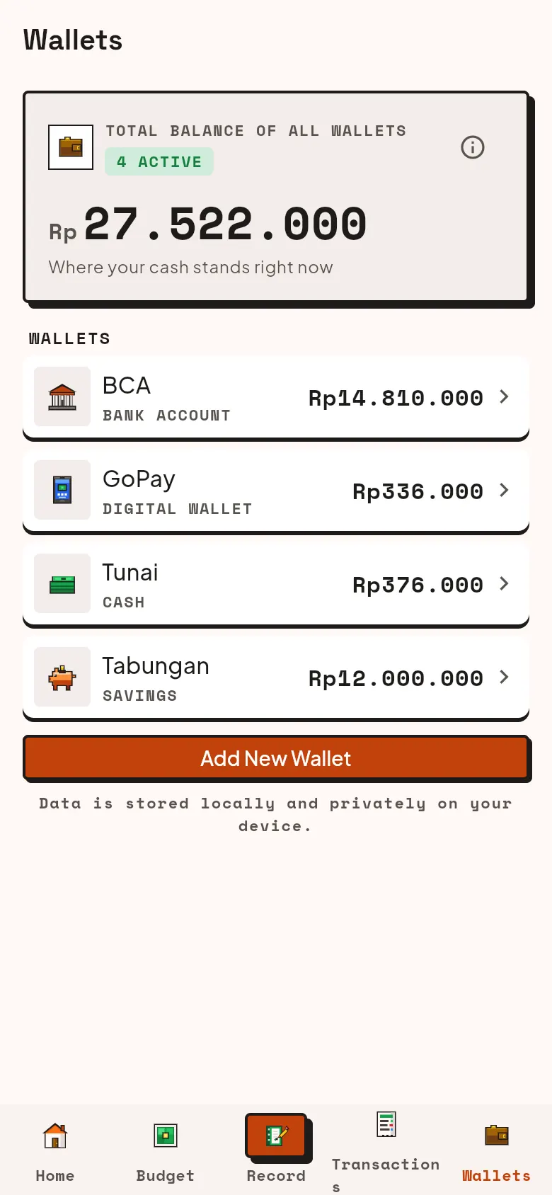 Wallet list: BCA, GoPay, Cash, and Savings with their balances