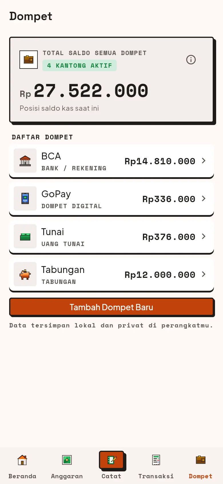 Daftar dompet: BCA, GoPay, Tunai, dan Tabungan beserta saldonya