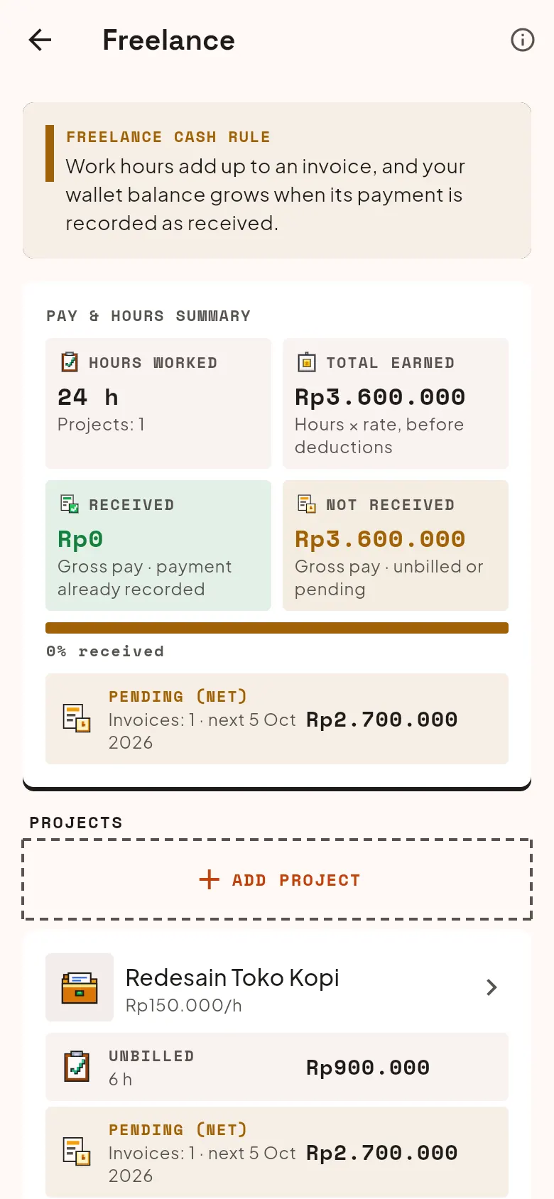 Freelance screen: 24 hours worked, Rp3,600,000 earned, one pending invoice