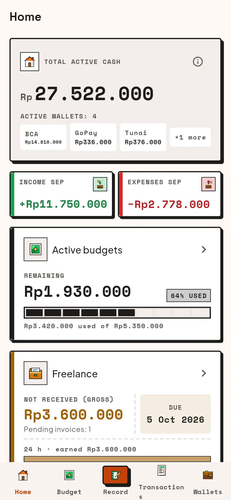 Tanukonomy Home screen: total cash, this month’s income and expenses, active budget, and freelance summary