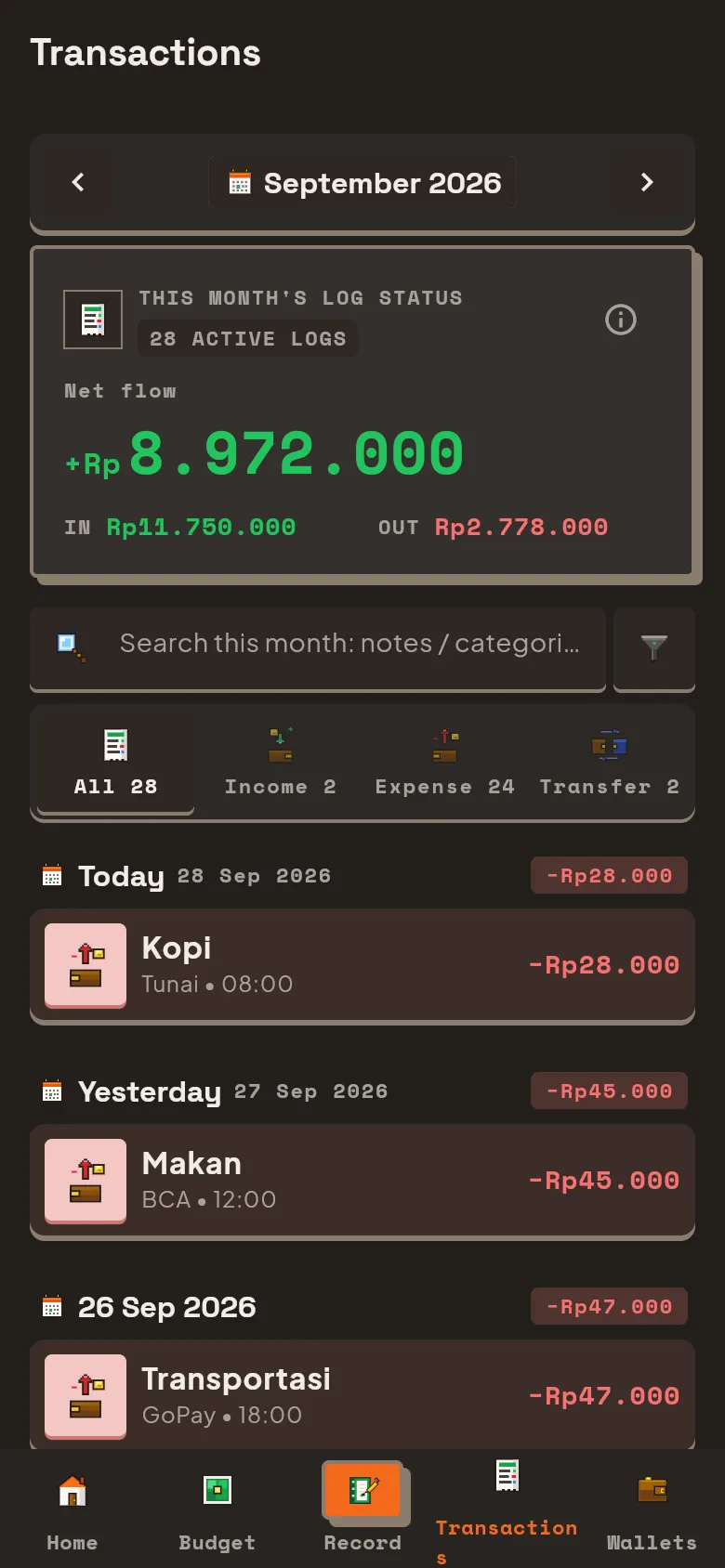 Transaction history in dark mode