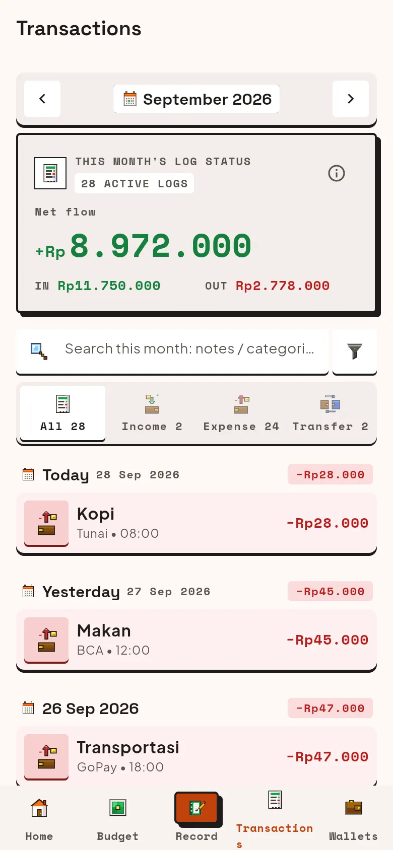 September 2026 transaction history with net flow and a daily list