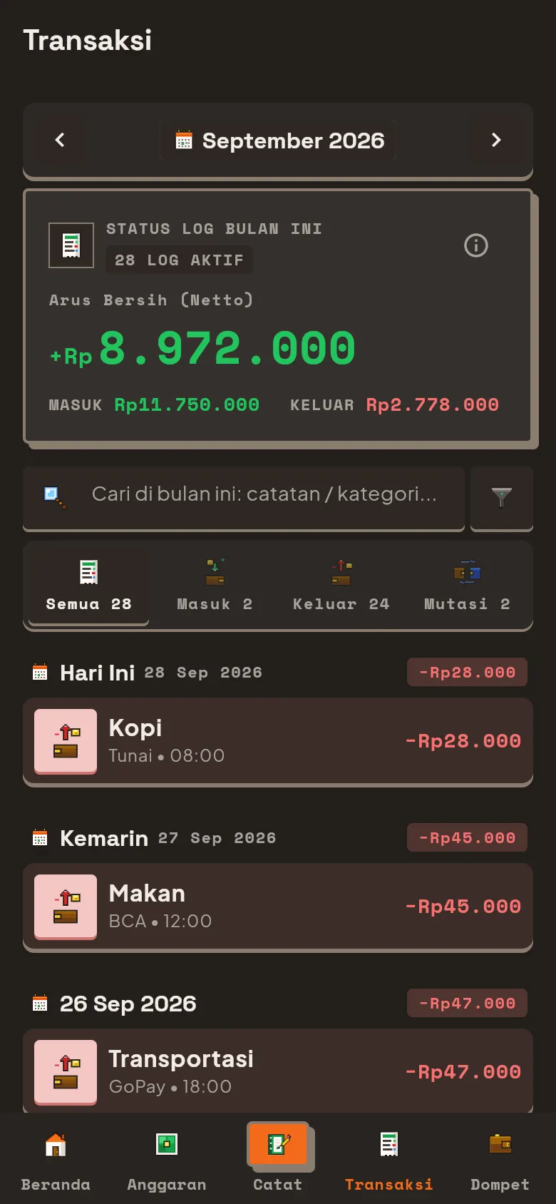 Riwayat transaksi dalam mode gelap
