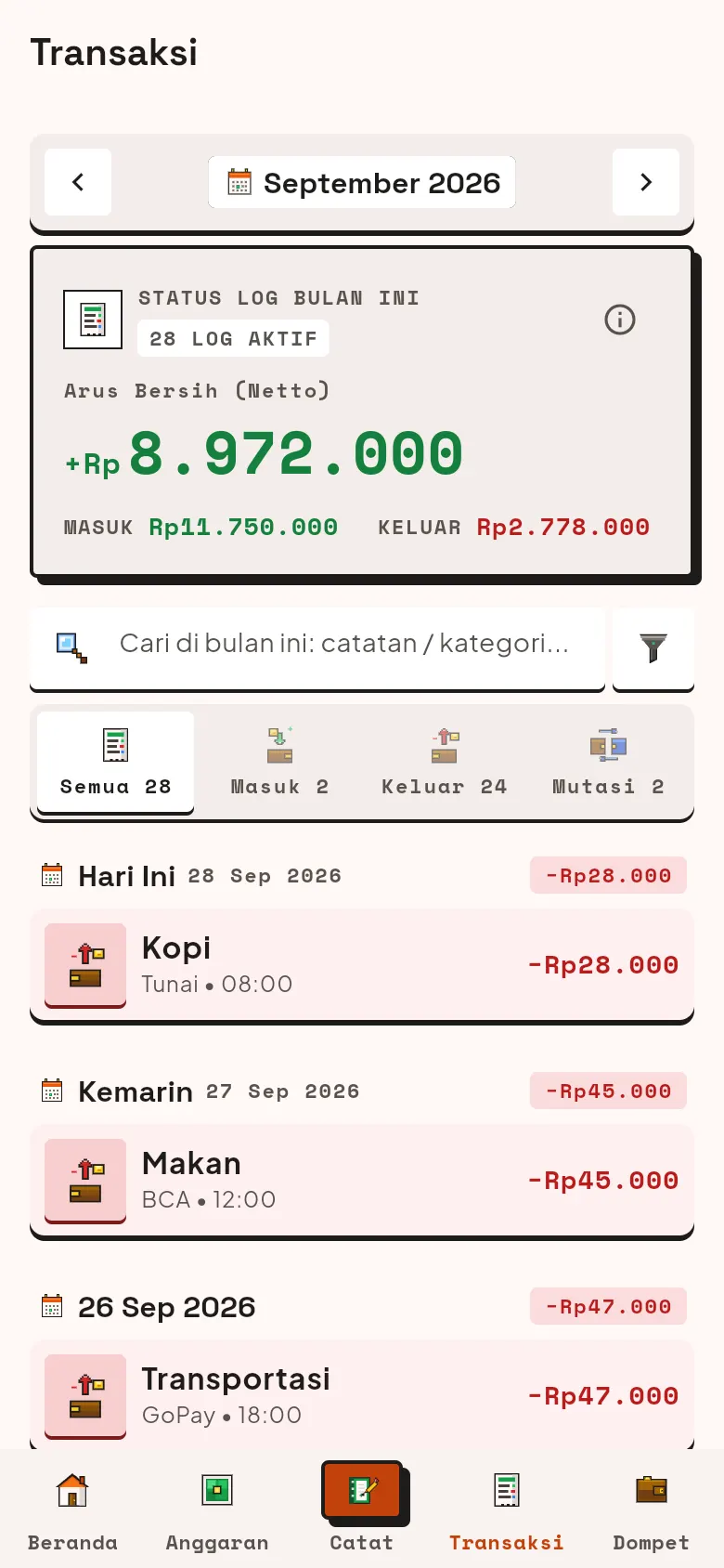 Riwayat transaksi September 2026 dengan arus bersih dan daftar per hari
